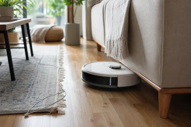 Aspirateur robot arrêté au pied d'un canapé dans un salon lumineux, câble et frange de tapis visibles au sol