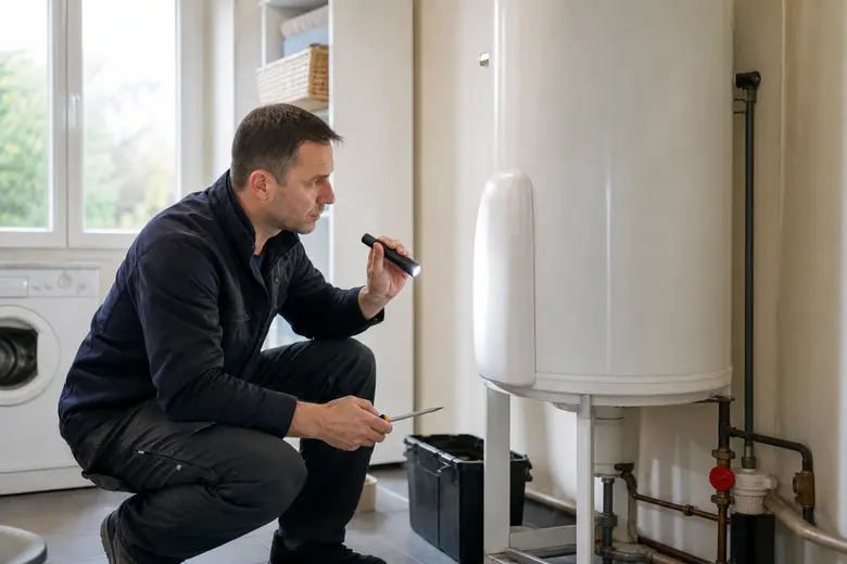 Un plombier-chauffagiste examine avec une lampe torche un ballon d’eau chaude électrique dans une buanderie