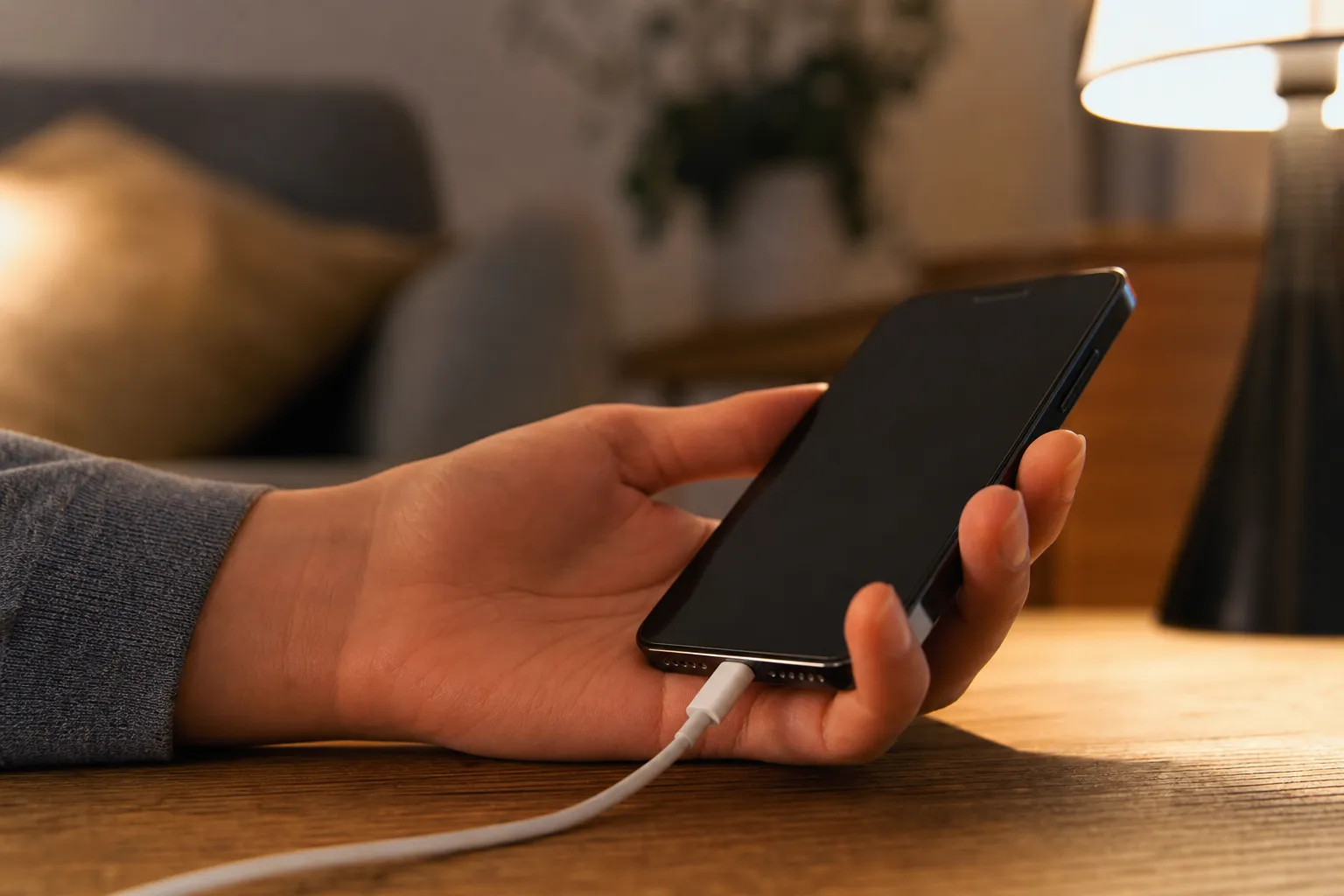 Smartphone posé sur une table en train de charger avec le câble branché, gros plan sur l'écran et le port de charge