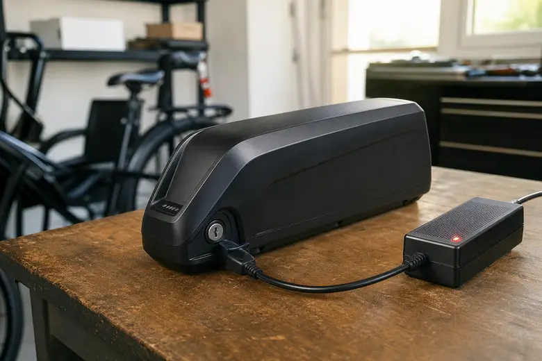 Batterie de vélo électrique posée sur un établi, branchée à son chargeur avec voyant lumineux, dans un garage
