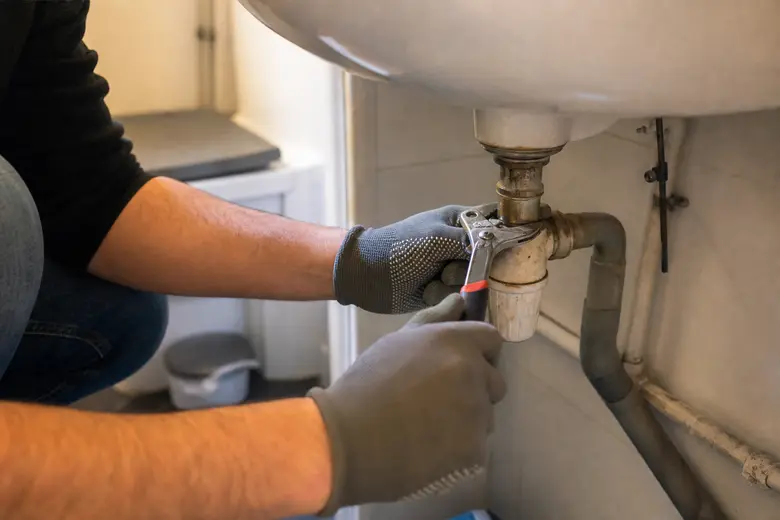 Personne réparant le siphon d’une canalisation sous un évier avec une pince et des gants