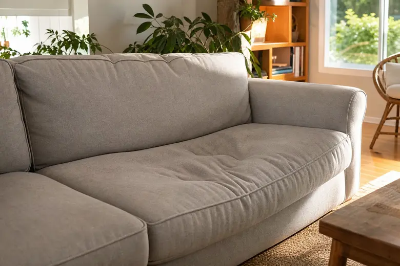 Coussin d’assise de canapé enfoncé et affaissé au centre, dans un salon lumineux