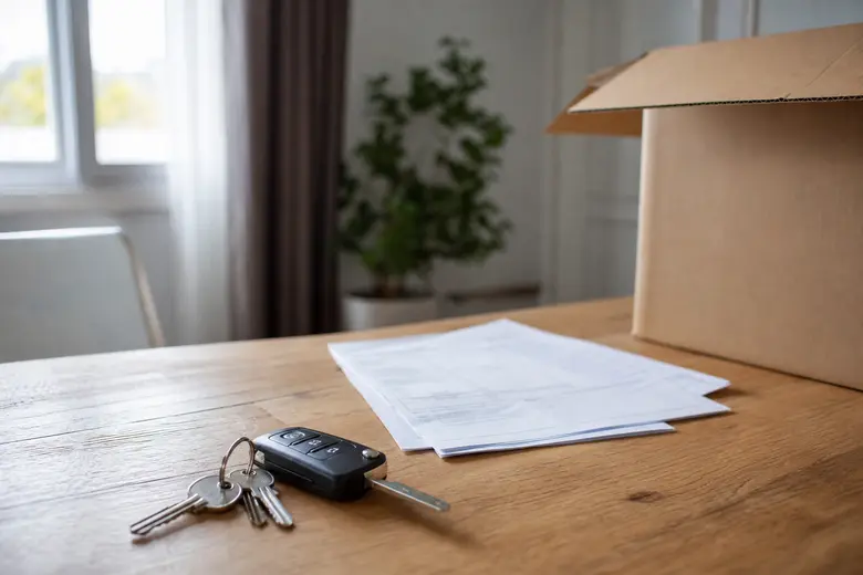 Carte grise française posée sur une table à côté de clés de voiture et d’un carton de déménagement