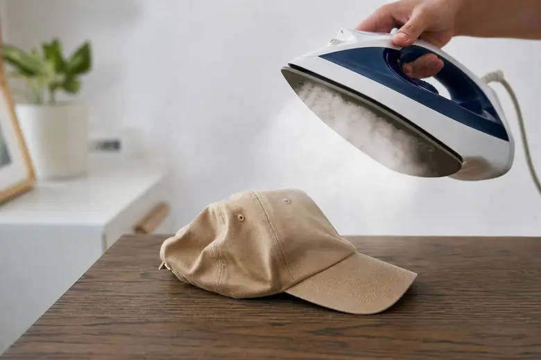 Casquette légèrement déformée posée sur une table, exposée à la vapeur d’un fer à repasser tenu à distance