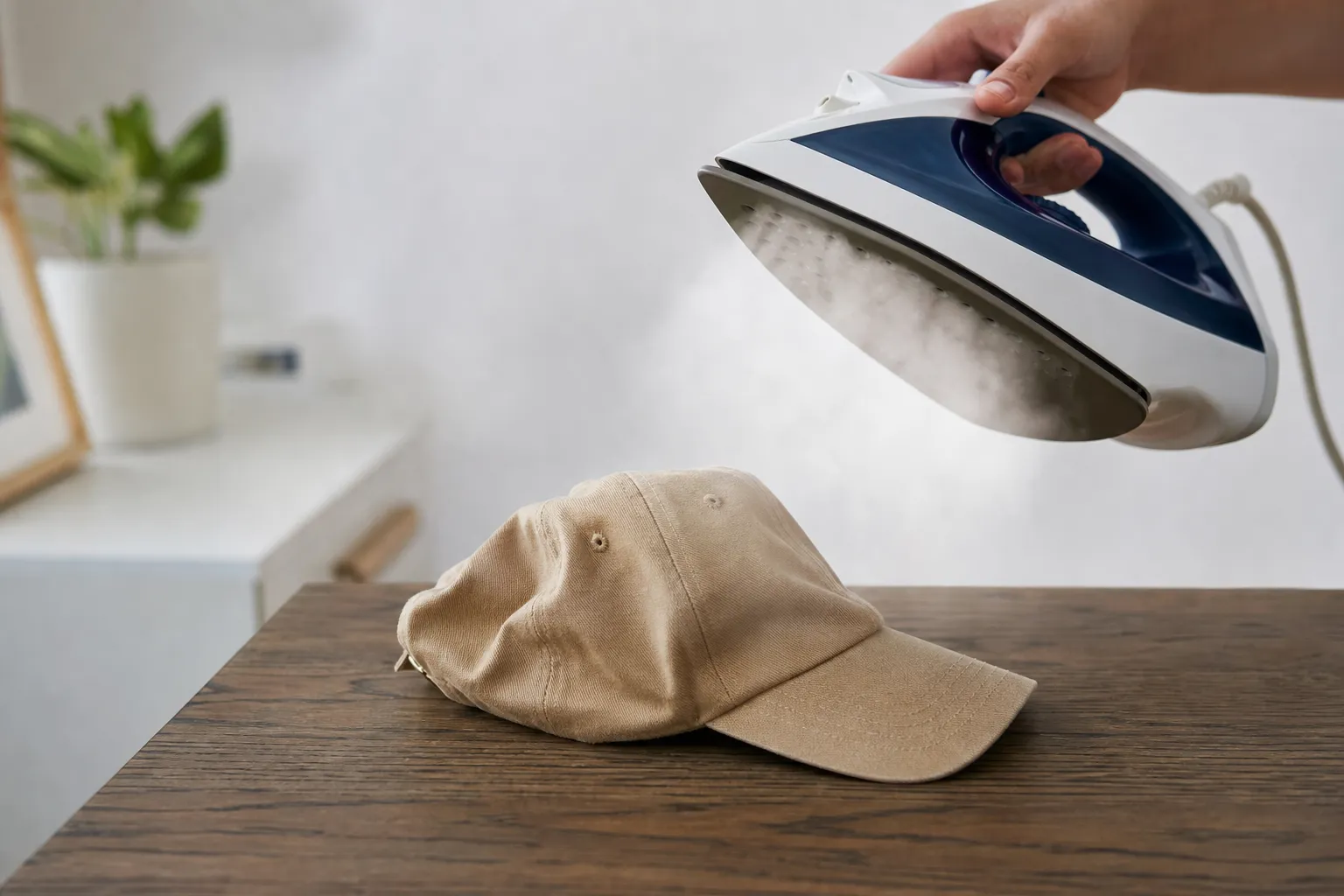 Casquette légèrement déformée posée sur une table, exposée à la vapeur d’un fer à repasser tenu à distance