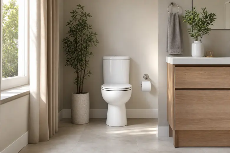 Réservoir de toilettes ouvert laissant voir le mécanisme de chasse d'eau et le flotteur