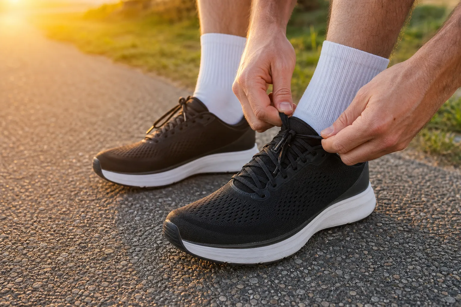 Paire de chaussures de running neuves posée sur un chemin, avec des chaussettes techniques à côté