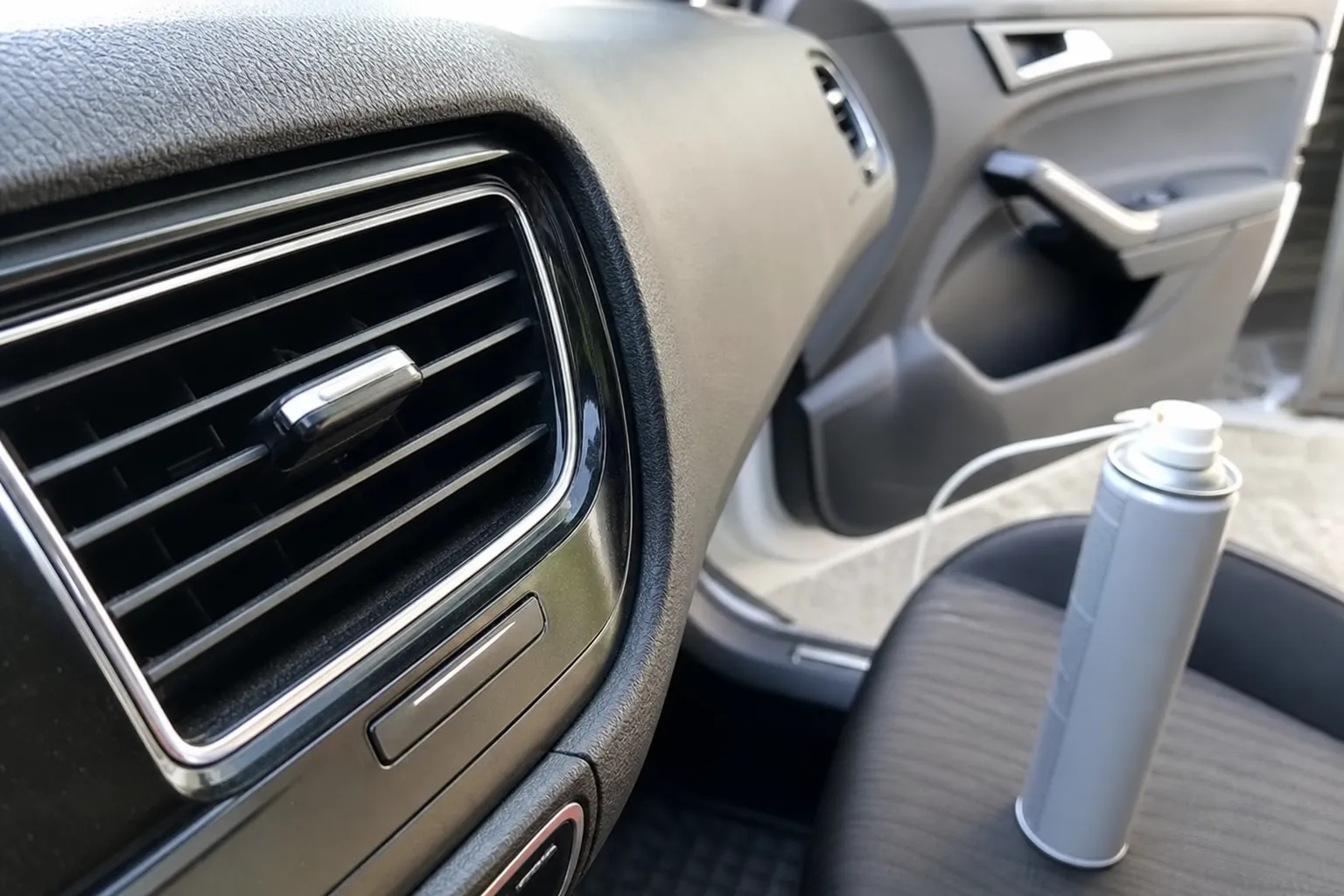 Bouche d'aération de climatisation de voiture avec un spray désinfectant posé sur le siège passager à côté