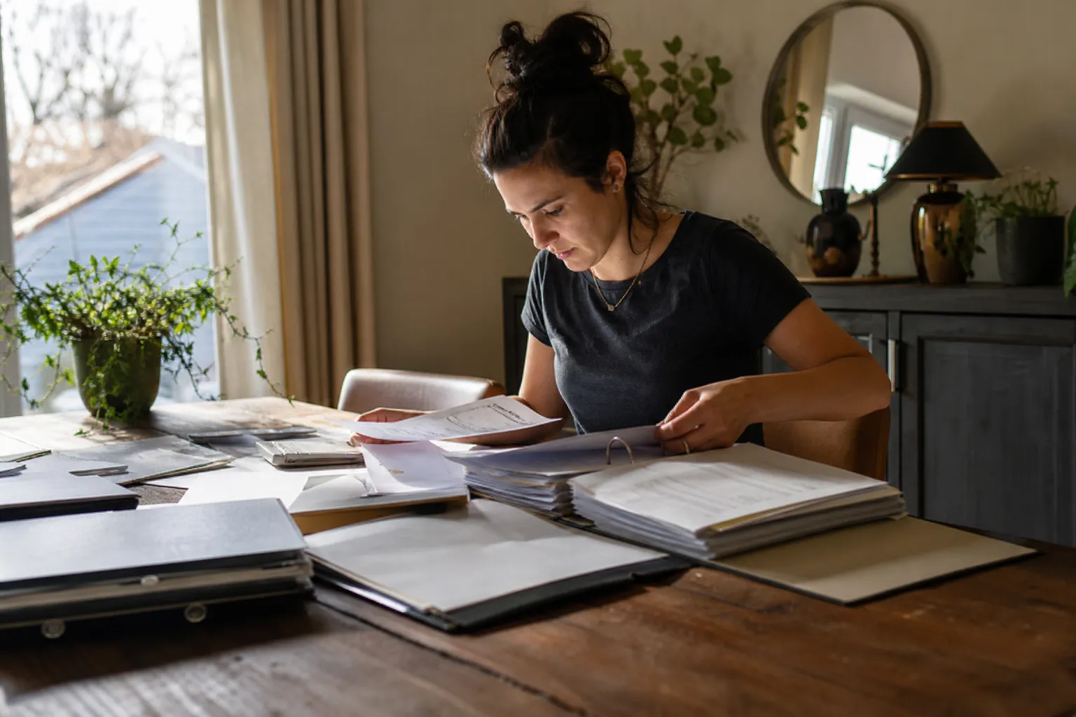 Personne triant des relevés bancaires et des factures dans des classeurs sur une table