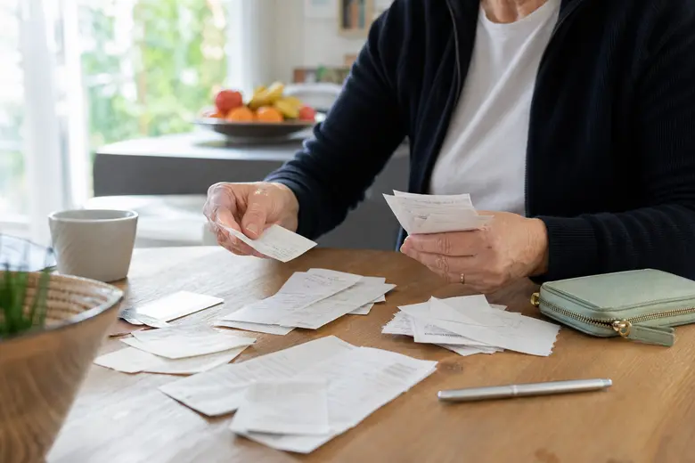 Personne triant des tickets de caisse et factures sur une table en bois pour vérifier une garantie