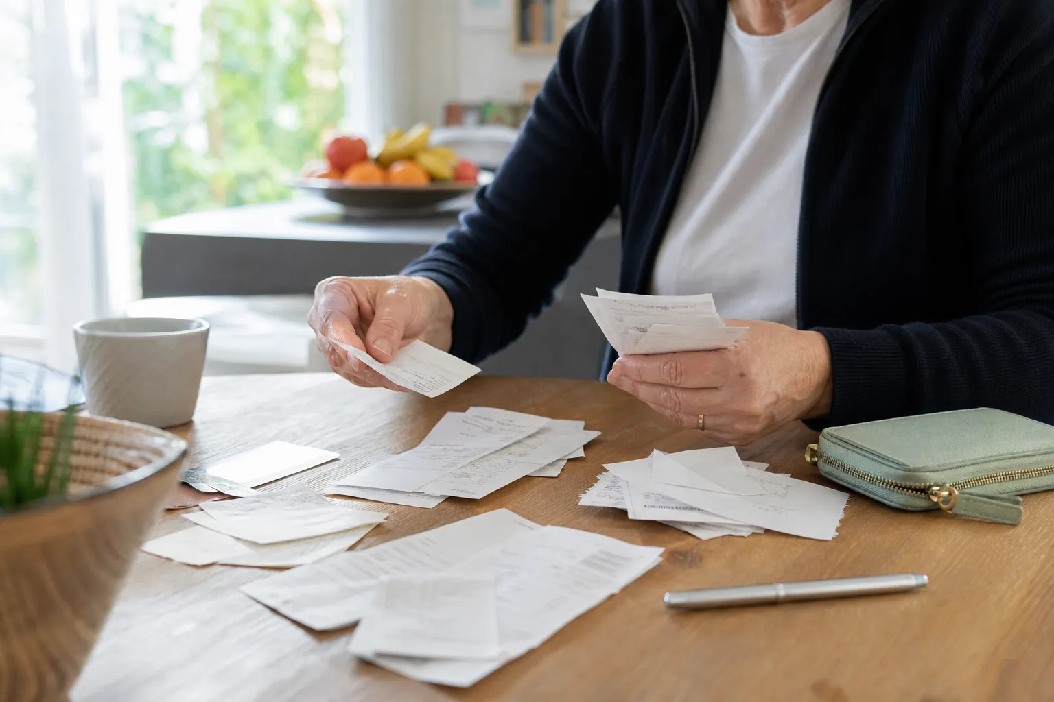 Personne triant des tickets de caisse et factures sur une table en bois pour vérifier une garantie