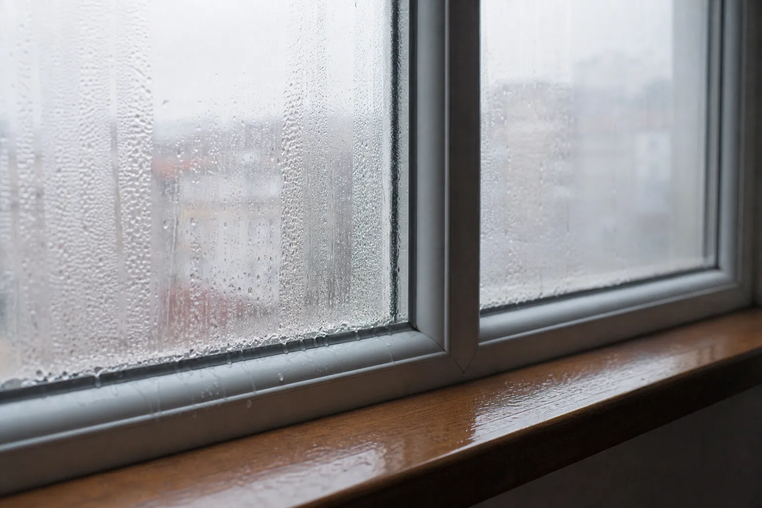 Condensation et gouttes d’eau sur la face intérieure d’une fenêtre à double vitrage au petit matin