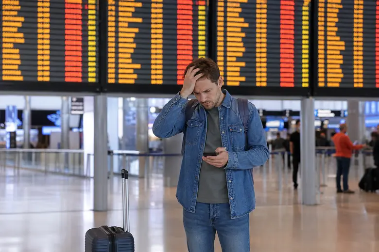 Voyageur debout devant un panneau d’affichage des vols dans un aéroport, valise cabine à côté de lui, consultant son téléphone