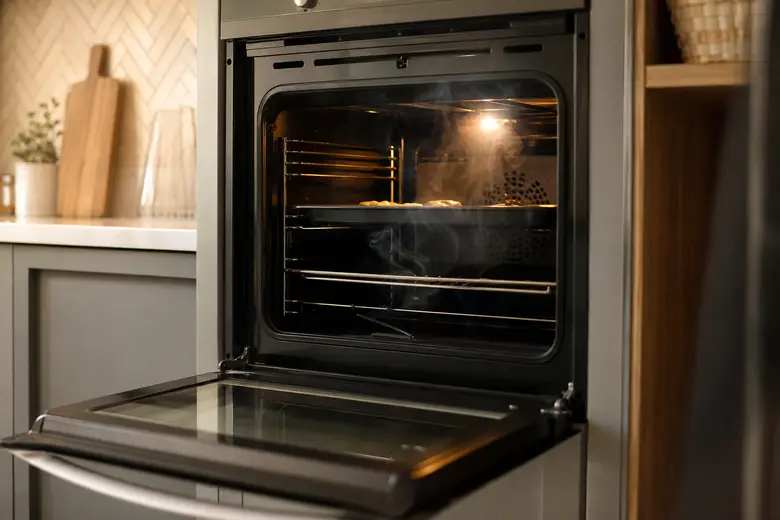 Four de cuisine ouvert avec de la fumée légère s’échappant de l’intérieur