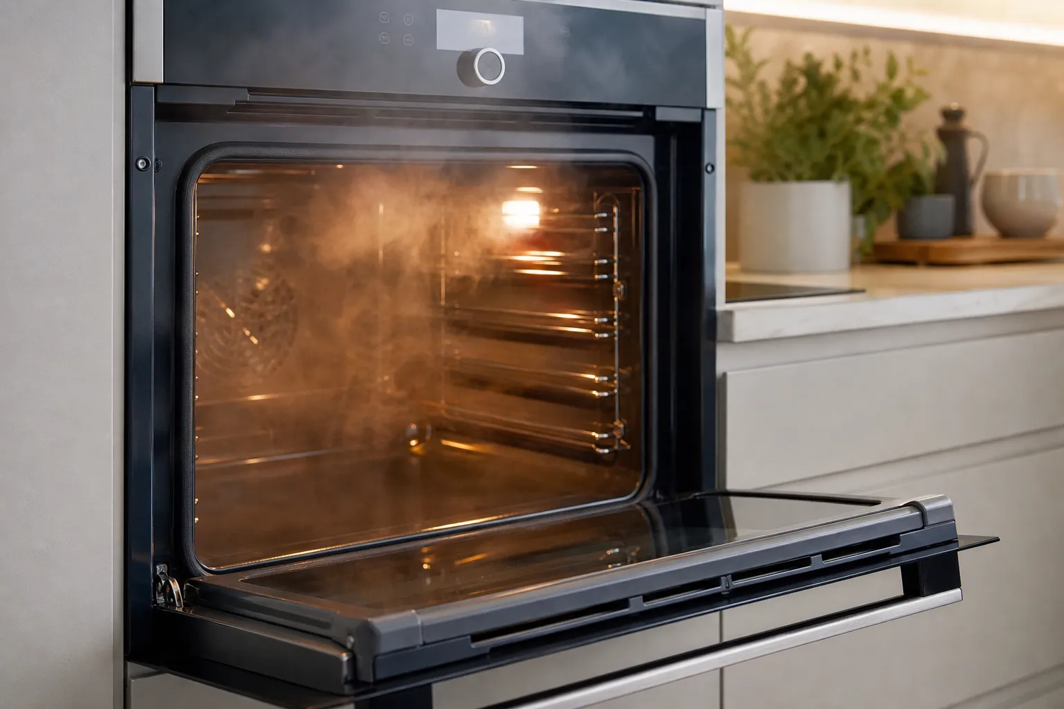 Four de cuisine ouvert dans une cuisine moderne, avec de la fumée légère s'échappant de l'intérieur