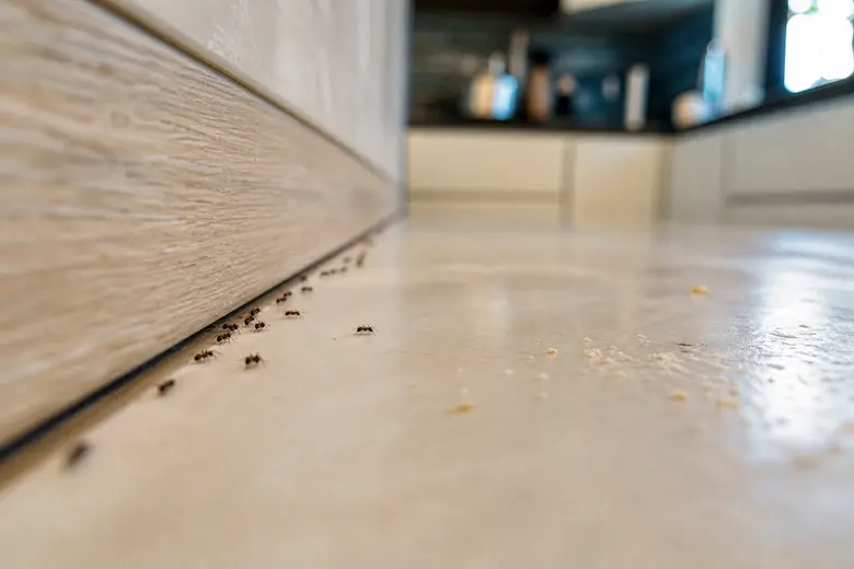 File de petites fourmis noires progressant le long d’un plan de travail de cuisine