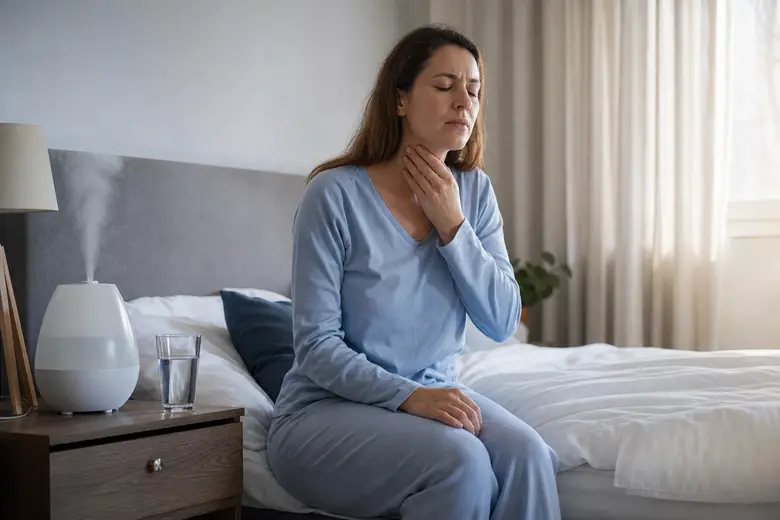 Femme assise au bord de son lit au réveil, main portée à la gorge, avec un humidificateur d'air sur la table de nuit