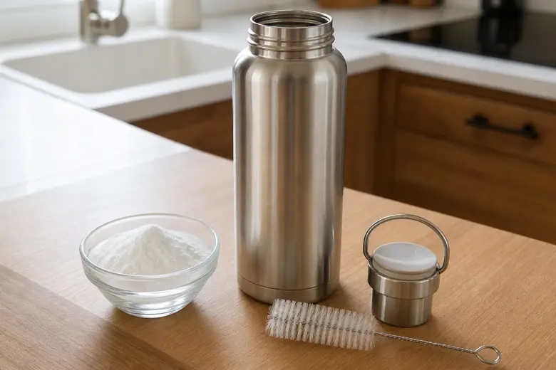 Gourde en inox ouverte posée sur un plan de travail de cuisine, avec une brosse de nettoyage et du bicarbonate de soude