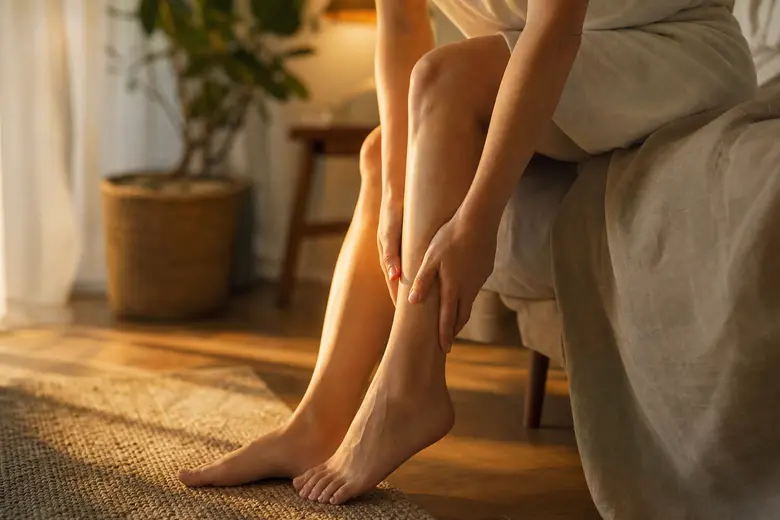 Personne se massant le mollet en fin de journée, assise au bord d’un lit