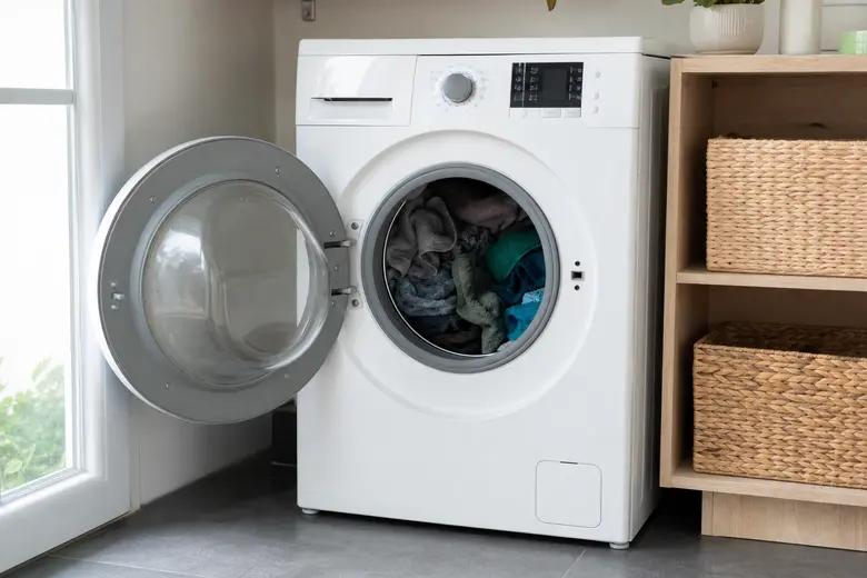 Lave-linge ouvert avec du linge mouillé dans le tambour, filtre de vidange visible en façade