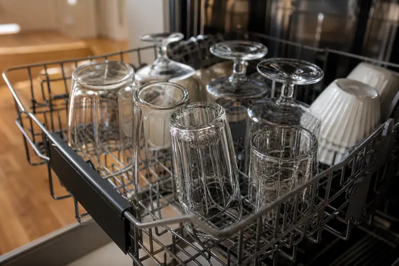 Verres propres et brillants à la sortie d’un lave-vaisselle, sans trace blanche de calcaire