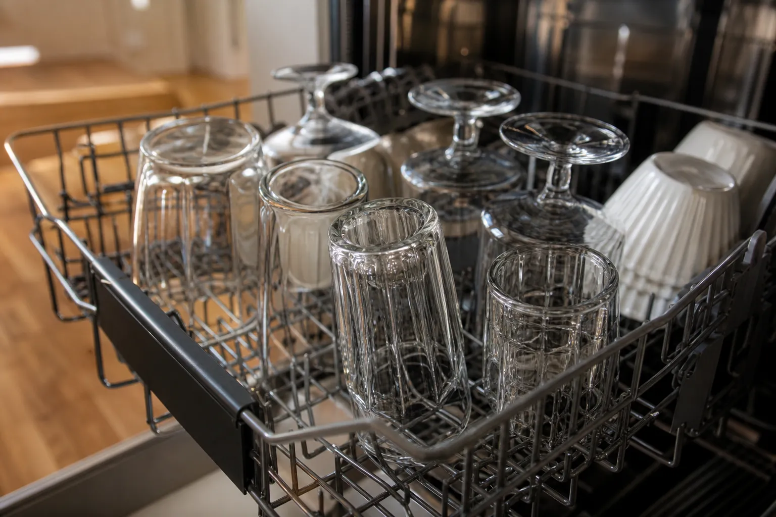 Verres propres et brillants à la sortie d’un lave-vaisselle, sans trace blanche de calcaire