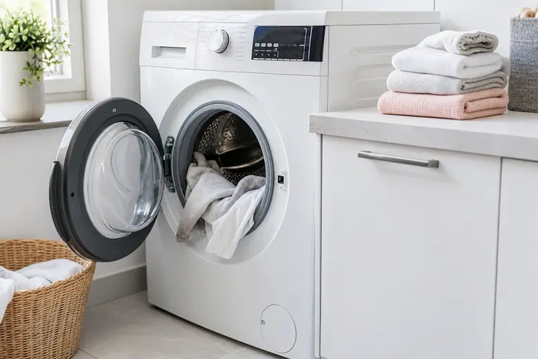 Linge propre sorti d'un lave-linge, hublot ouvert, dans une buanderie