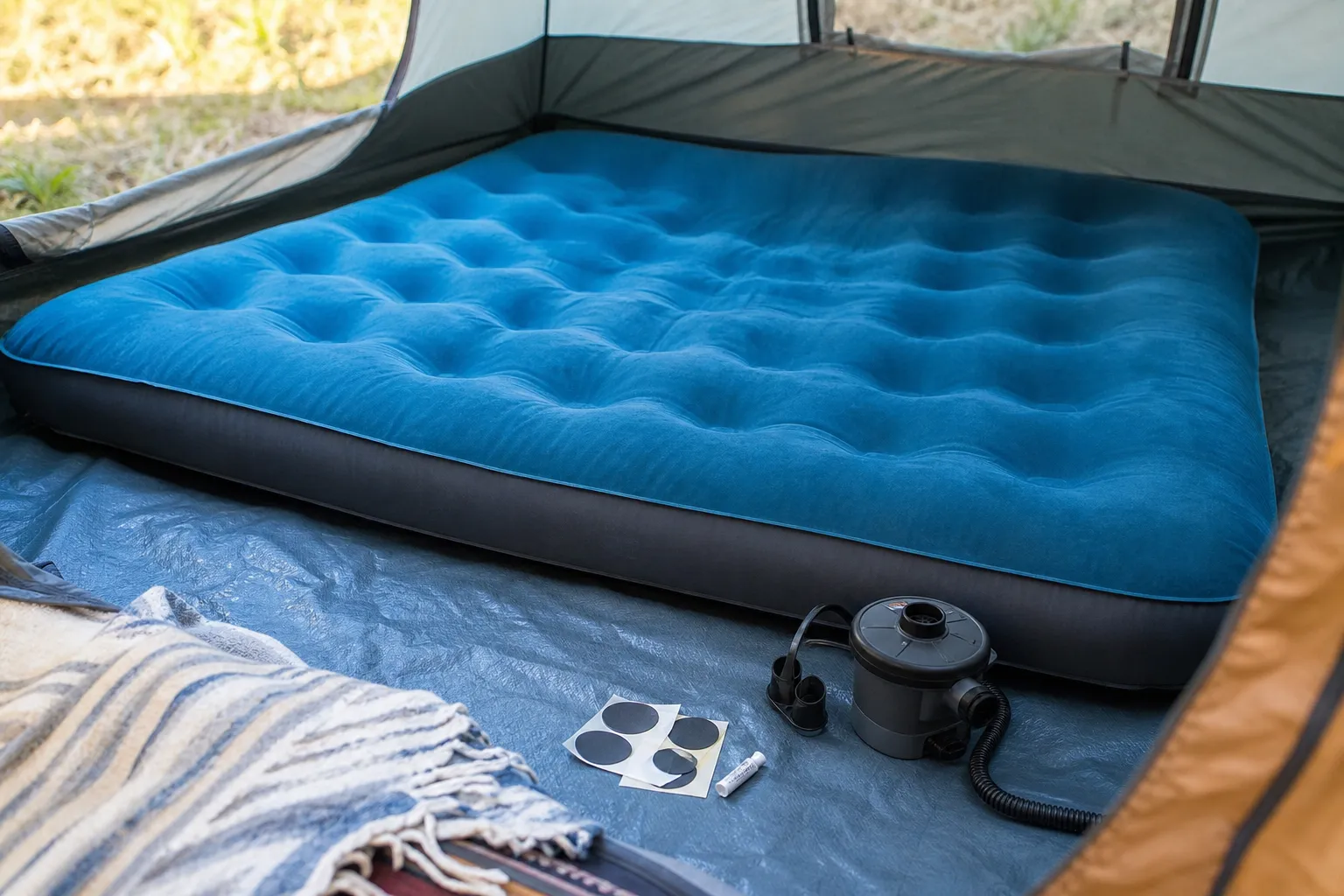 Matelas gonflable posé sous une tente, avec une pompe électrique et un kit de rustines à côté