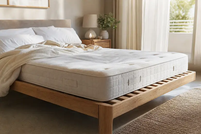 Matelas affaissé sur un sommier à lattes en bois dans une chambre lumineuse
