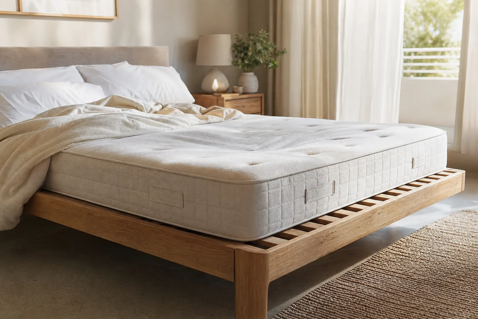 Matelas affaissé sur un sommier à lattes en bois dans une chambre lumineuse
