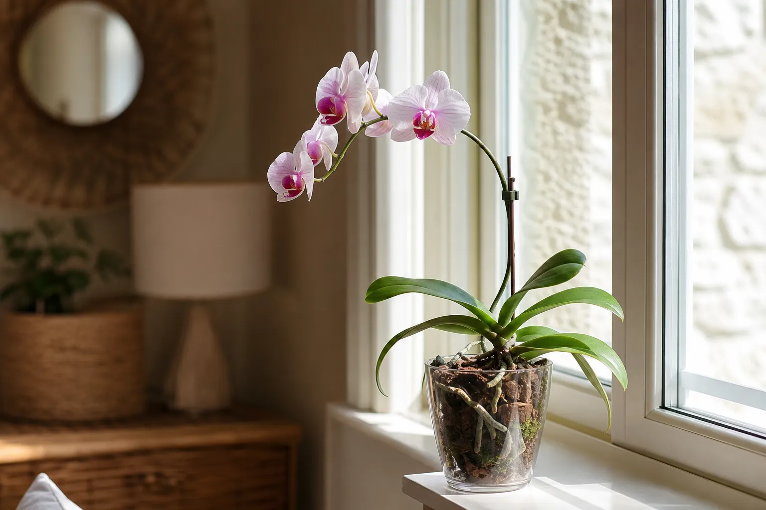 Orchidée phalaenopsis en pot transparent posée près d’une fenêtre lumineuse