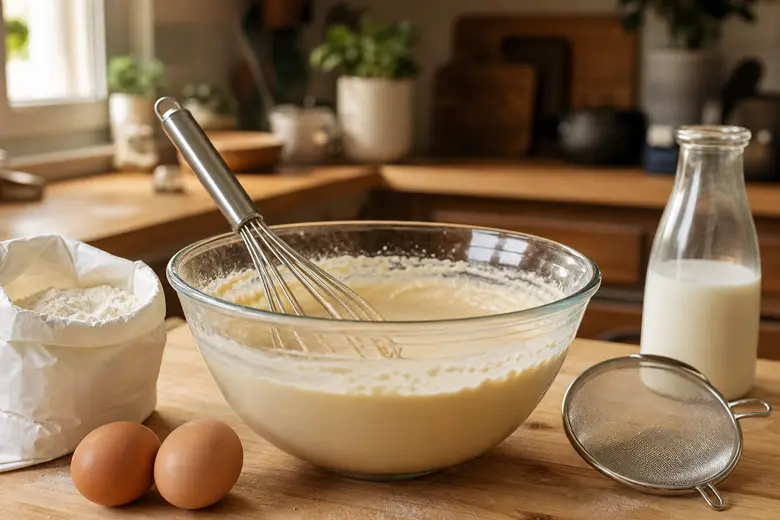 Pâte à crêpes lisse fouettée dans un saladier en verre, farine, œufs et lait sur un plan de travail
