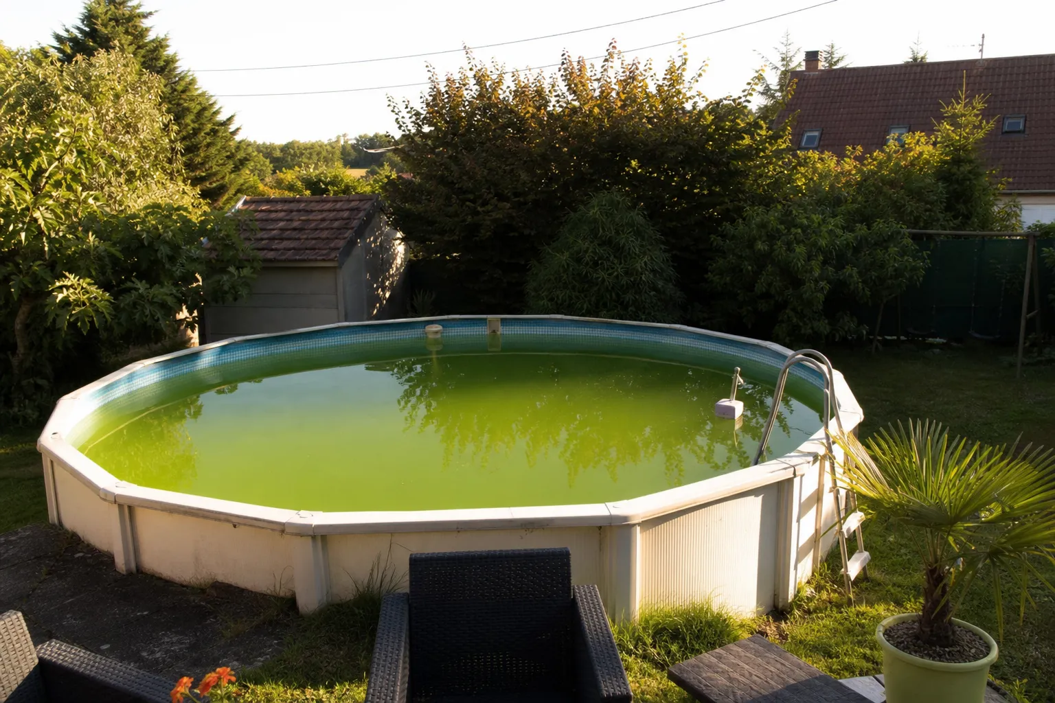 Piscine hors sol dans un jardin avec une eau visiblement verte et trouble, en fin de journée d’été