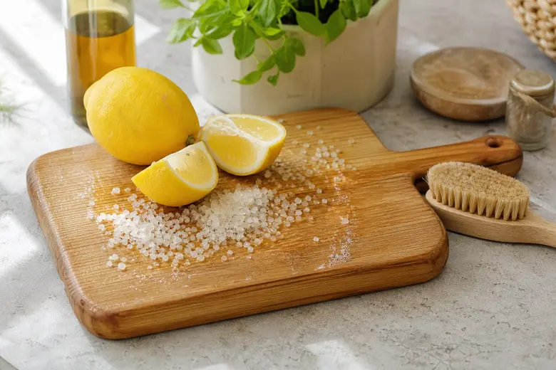 Planche à découper en bois recouverte de gros sel et de quartiers de citron, avec une brosse posée à côté