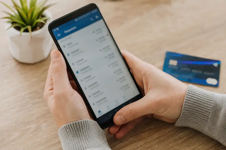 Personne consultant un relevé de compte bancaire sur son téléphone à côté d’une carte bancaire