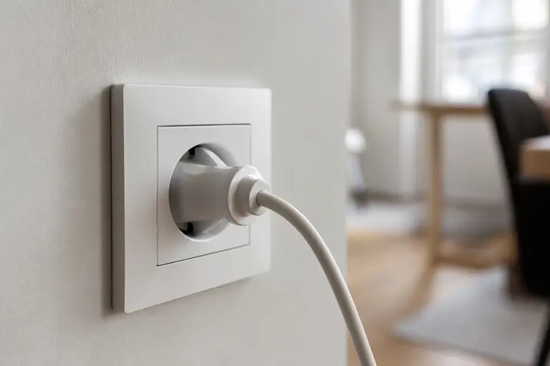 Gros plan sur une prise électrique murale et une fiche branchée