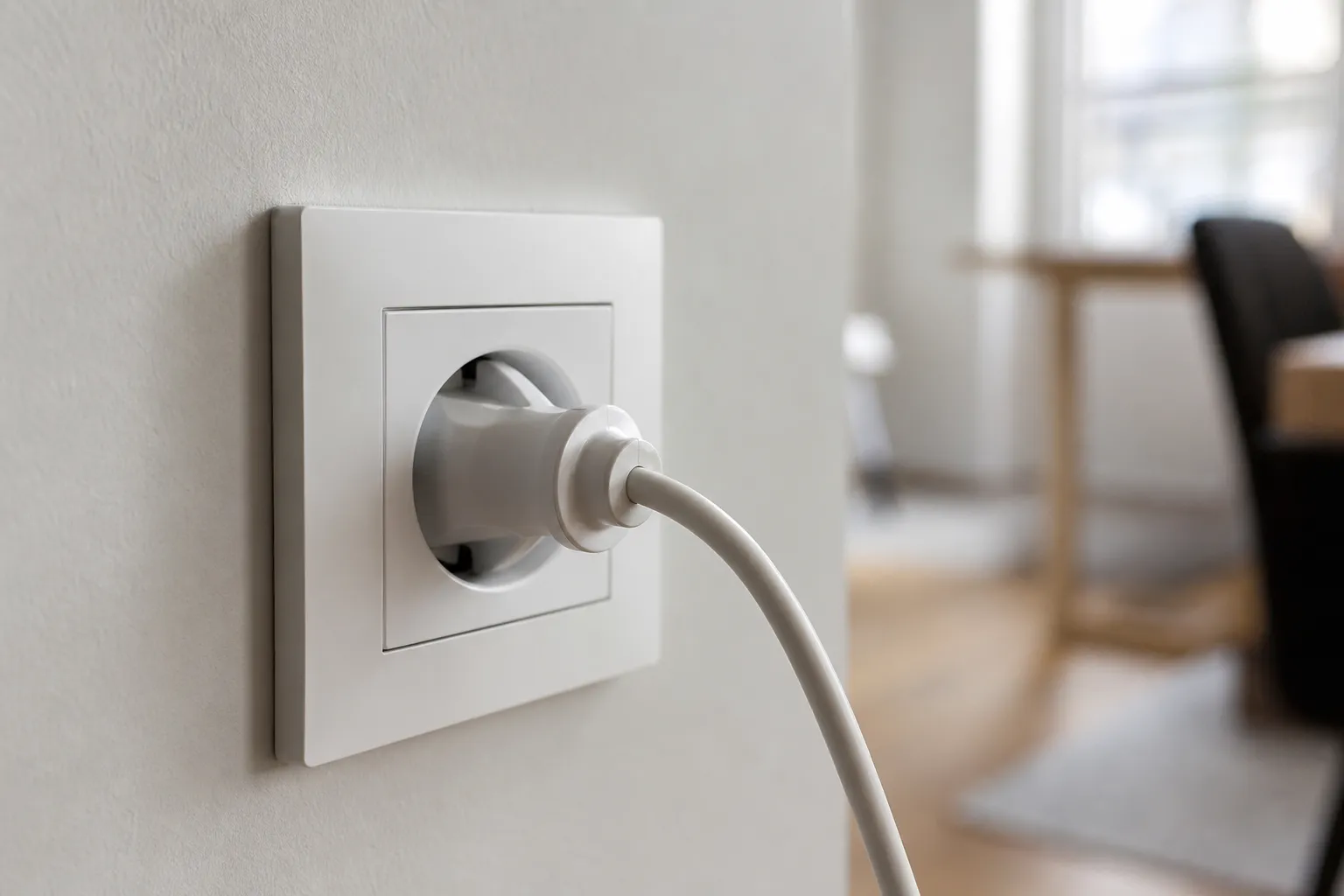 Gros plan sur une prise électrique murale et une fiche branchée