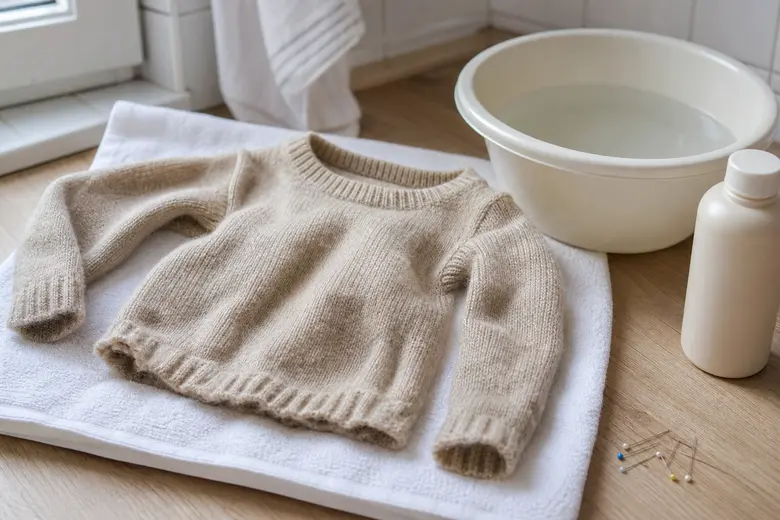 Pull en laine rétréci posé à plat sur une serviette avec une bassine d’eau tiède