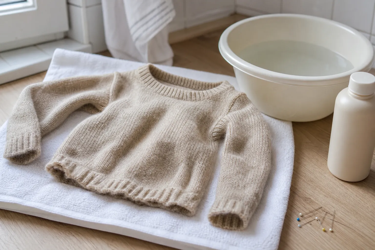 Pull en laine rétréci posé à plat sur une serviette avec une bassine d’eau tiède