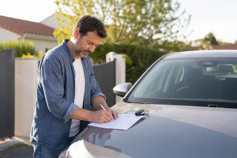Automobiliste signant un certificat de cession de véhicule avec les clés de la voiture posées sur les documents