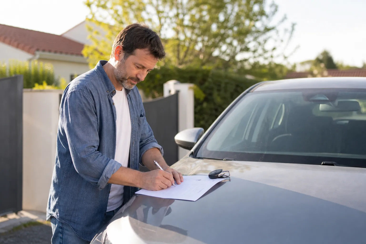 Automobiliste signant un certificat de cession de véhicule avec les clés de la voiture posées sur les documents