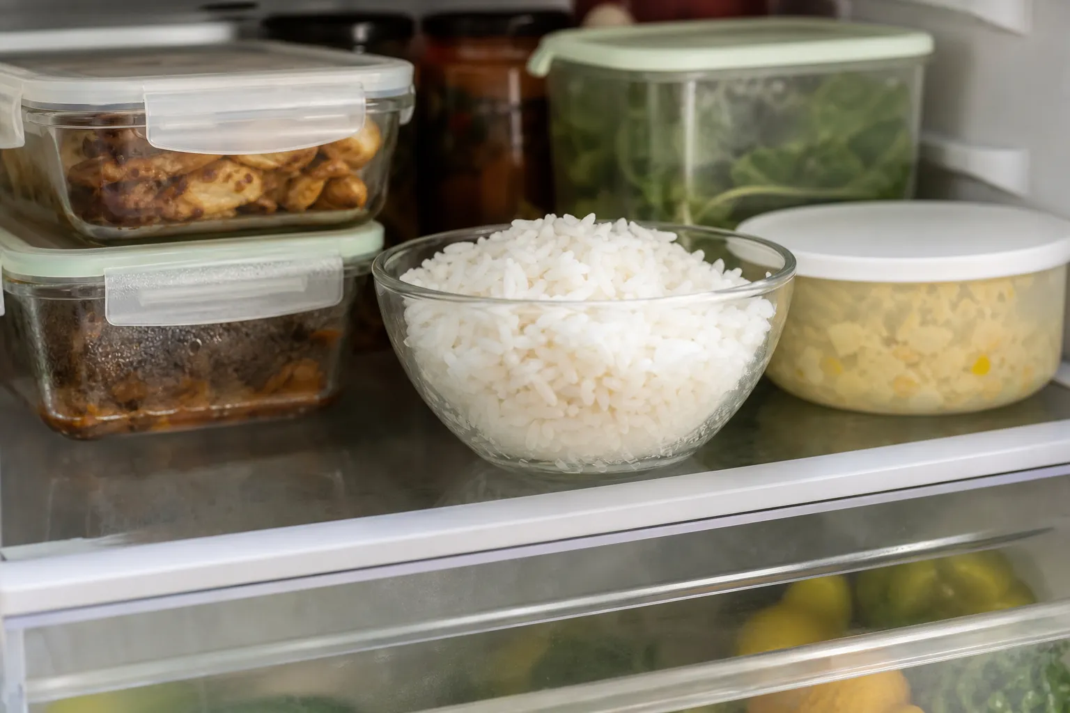 Bol de riz blanc cuit posé sur une étagère de réfrigérateur, à côté d'autres restes dans des contenants
