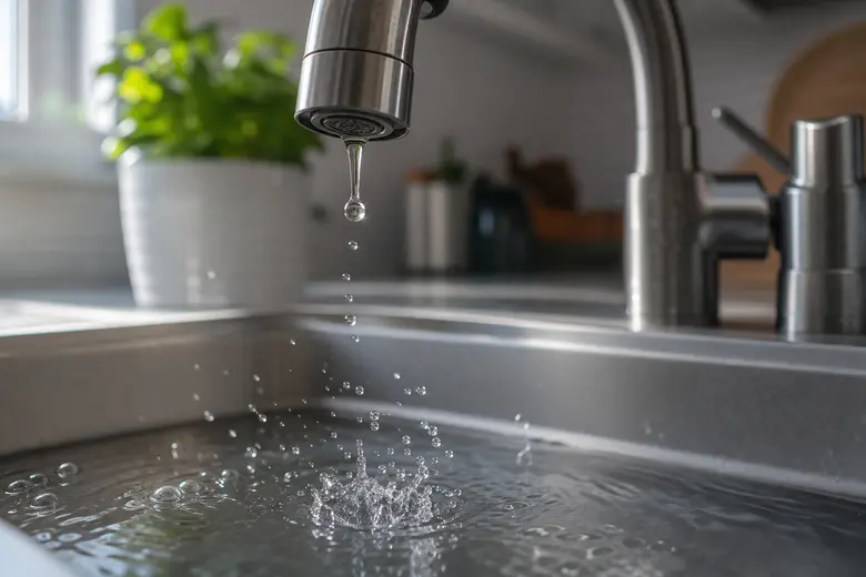 Gros plan sur un robinet de cuisine qui goutte au-dessus d’un évier