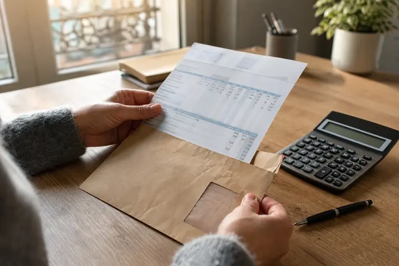 Bureau avec des documents de fin de contrat de travail, stylo et calculatrice