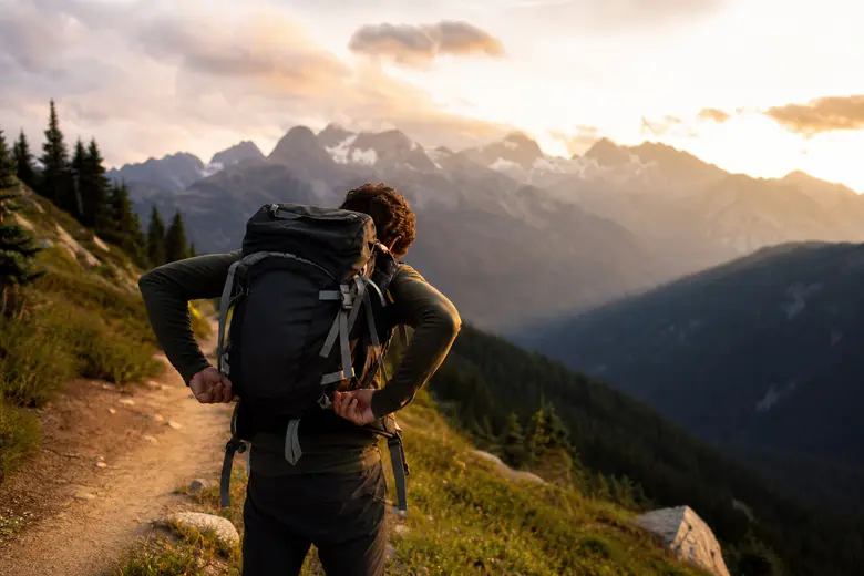 Randonneur ajustant les sangles de son sac à dos de trekking face à un sentier de montagne