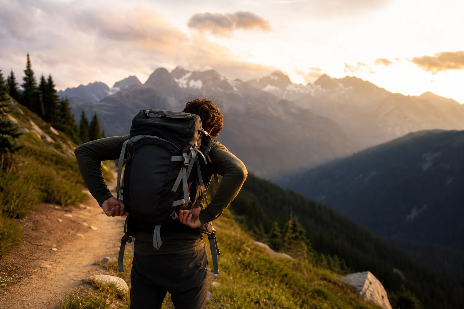 Randonneur ajustant les sangles de son sac à dos de trekking face à un sentier de montagne