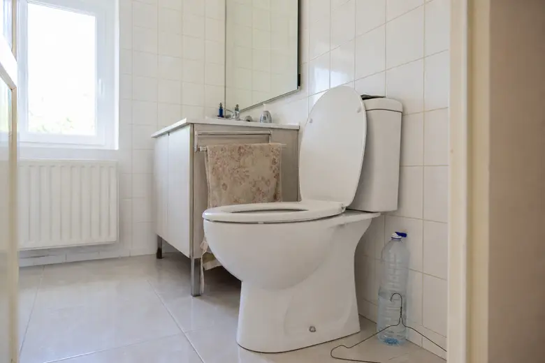Toilettes domestiques avec cuvette blanche et cintre en fil de fer posé à côté pour un débouchage sans ventouse