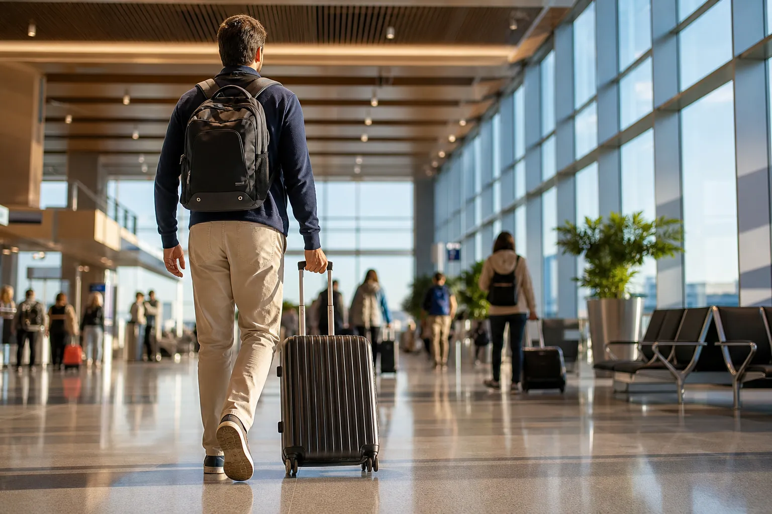 Voyageur avec une valise cabine à roulettes dans le hall lumineux d’un aéroport