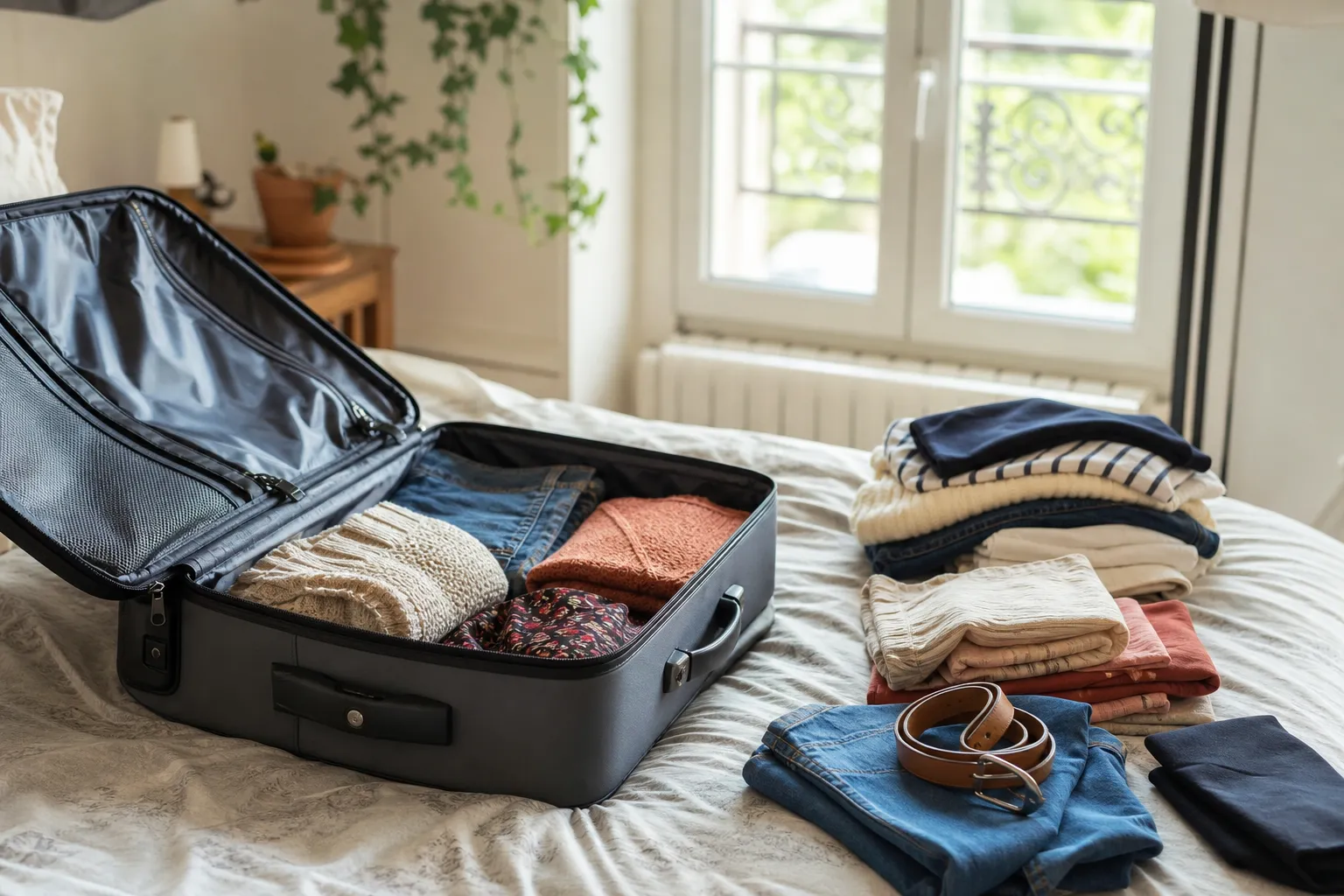 Valise ouverte et aérée près d'une fenêtre avec du linge de voyage à côté