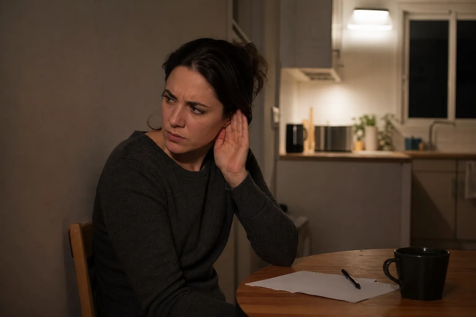 Femme assise à sa table de cuisine le soir, main tendue vers l'oreille pour écouter un bruit venant du logement voisin
